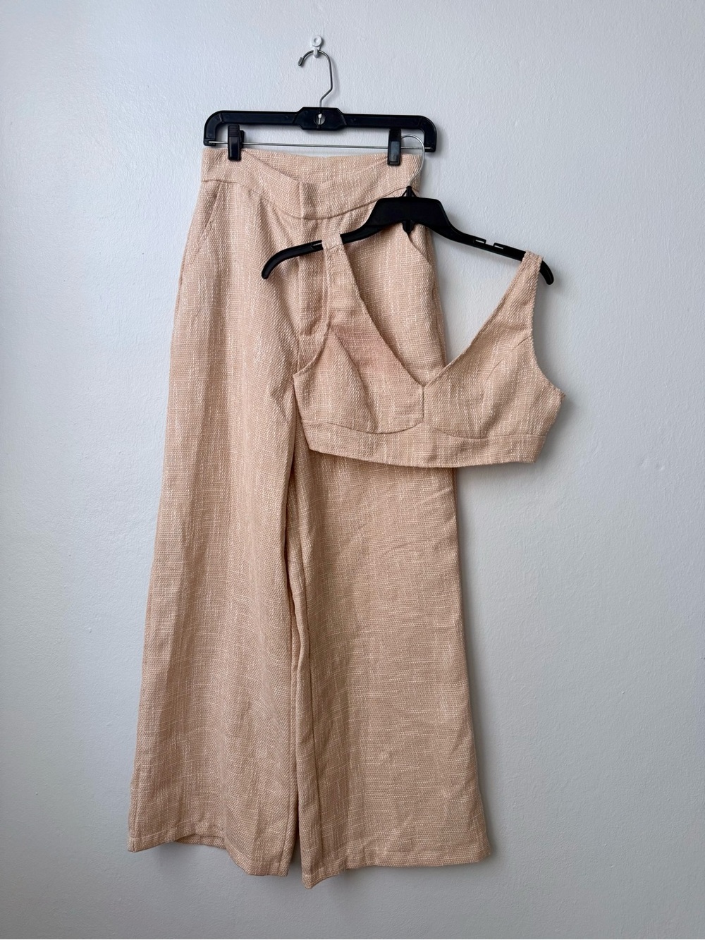 SHEIN Neutral Beige Linen-Blend Cropped Top & Wide Leg Pants Set